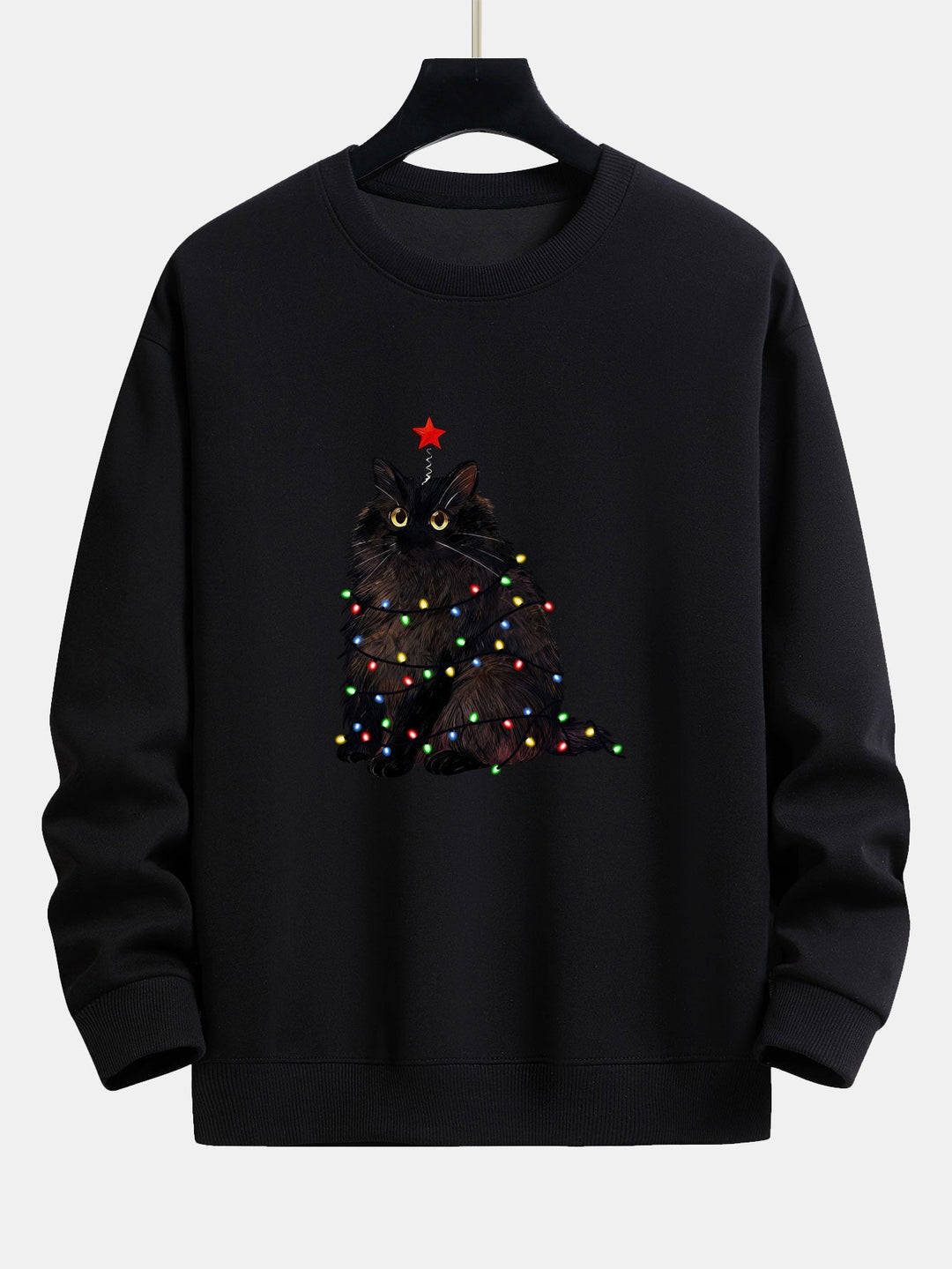 Heren Kerstkat Print Sweatshirt in zwart, Gezellige Feestelijke Trui