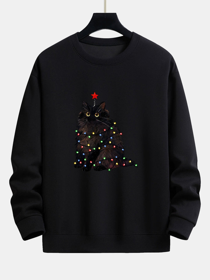 Heren Kerstkat Print Sweatshirt in zwart, Gezellige Feestelijke Trui