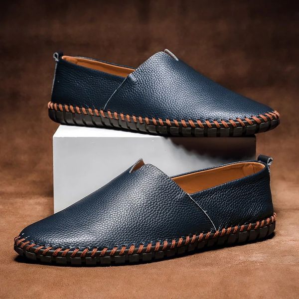 Heren Leren Loafers - Klassieke Slip-On - Marineblauw
