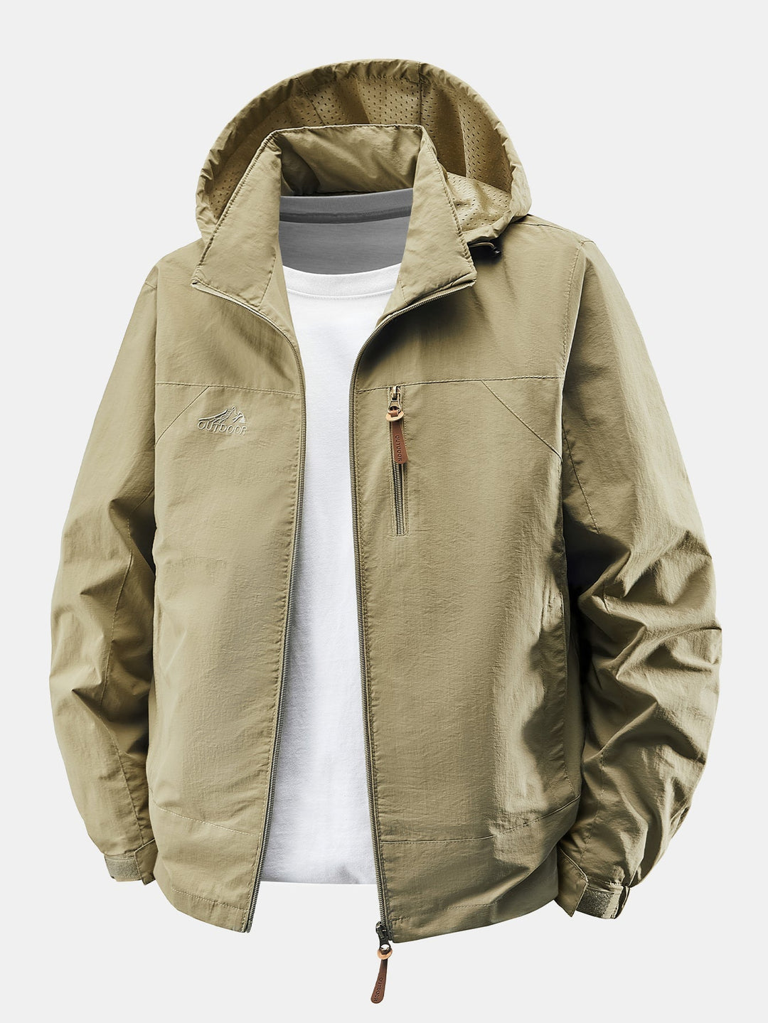 Heren Lichte Nylon Windbreaker met Afneembare Kap in khaki, Casual Fit