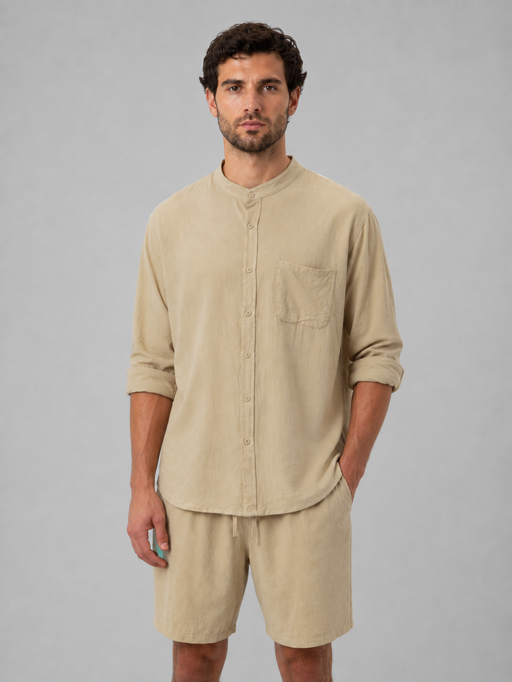 Heren Linnen Look Overhemd & Shorts Set - Relaxed Zomerstijl - Beige