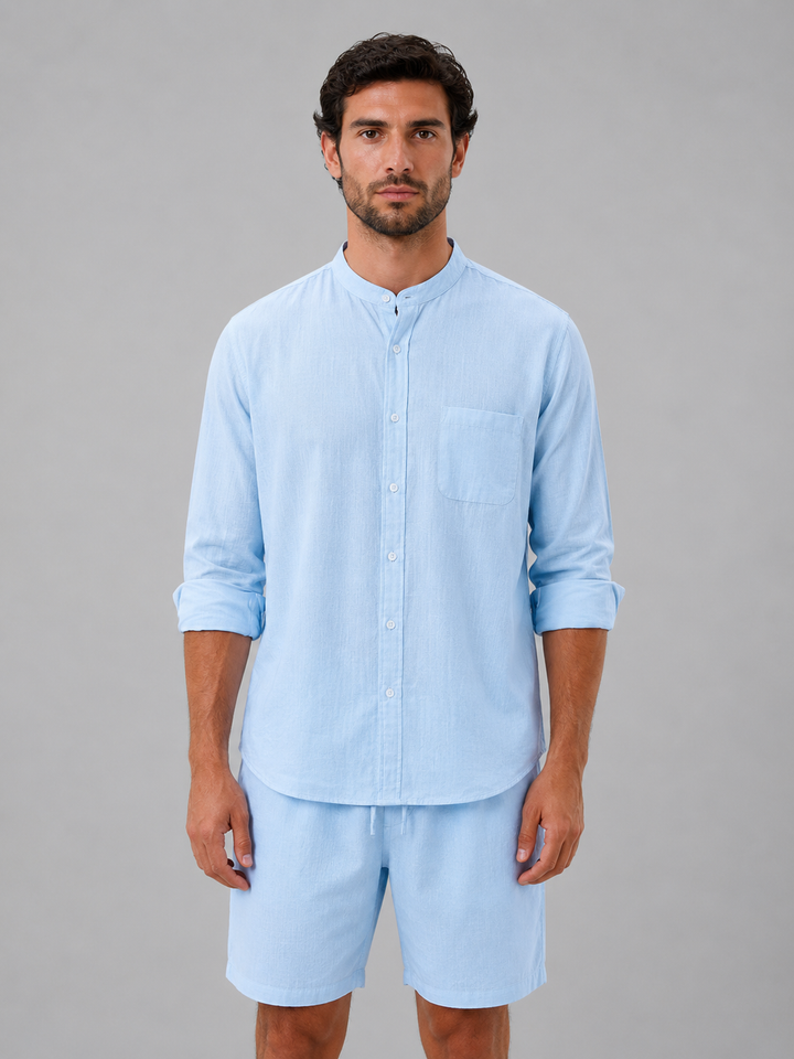 Heren Linnen Look Overhemd & Shorts Set - Relaxed Zomerstijl - Lichtblauw
