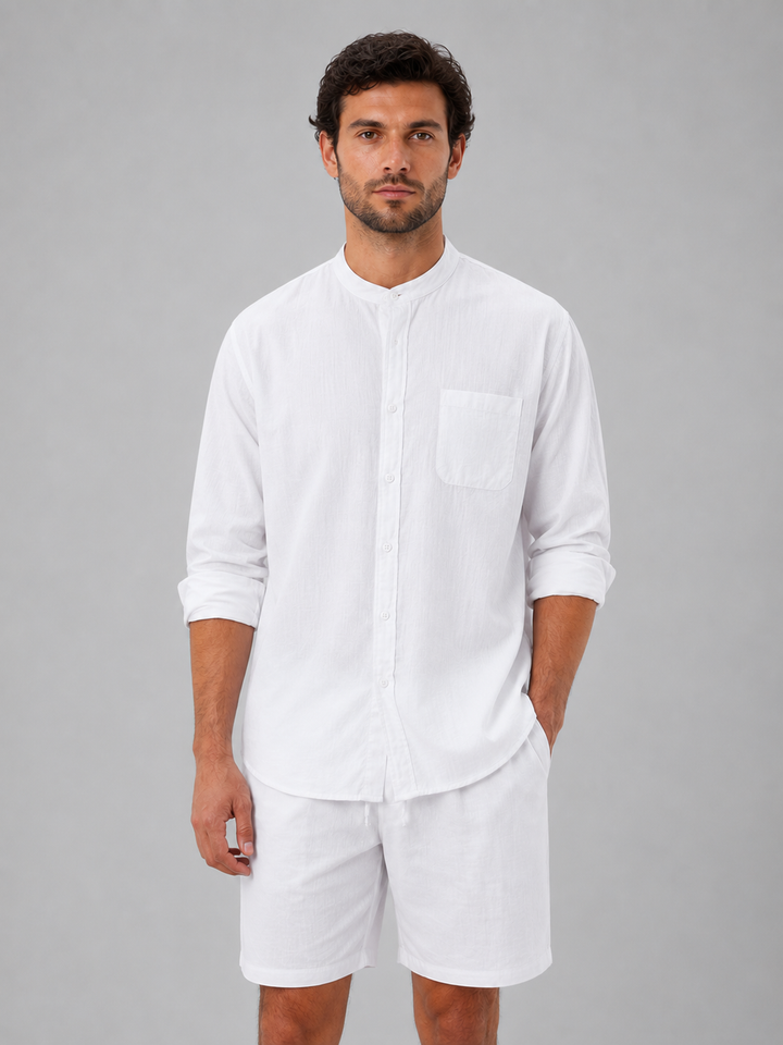 Heren Linnen Look Overhemd & Shorts Set - Relaxed Zomerstijl - Wit