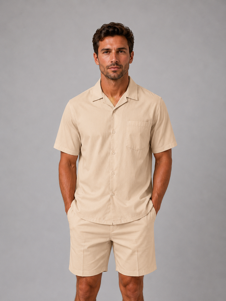 Heren linnen look shirt en shorts set - zomerstijl - Khaki