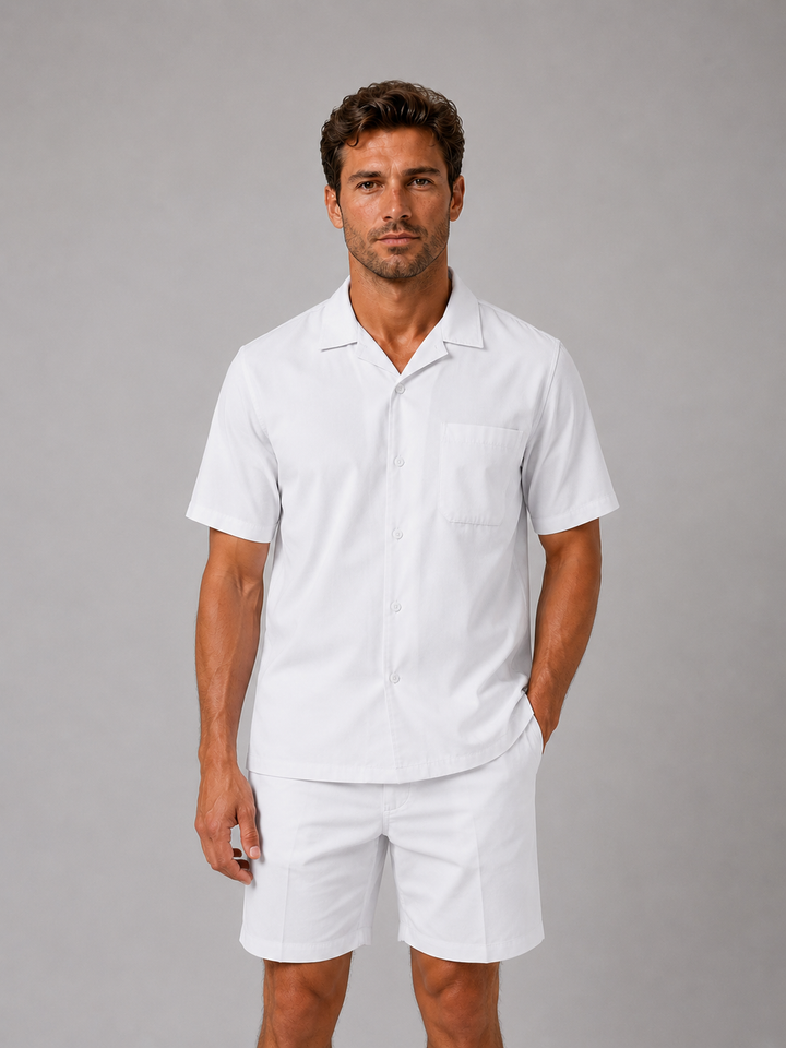 Heren linnen look shirt en shorts set - zomerstijl - Wit
