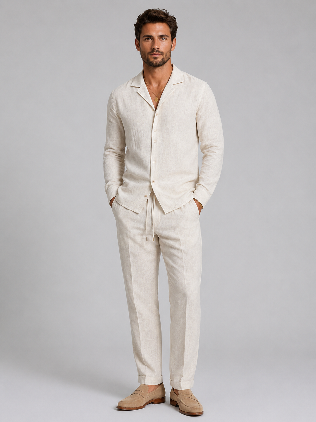 Heren linnen set - Overhemd en broek relaxed tailored - Beige
