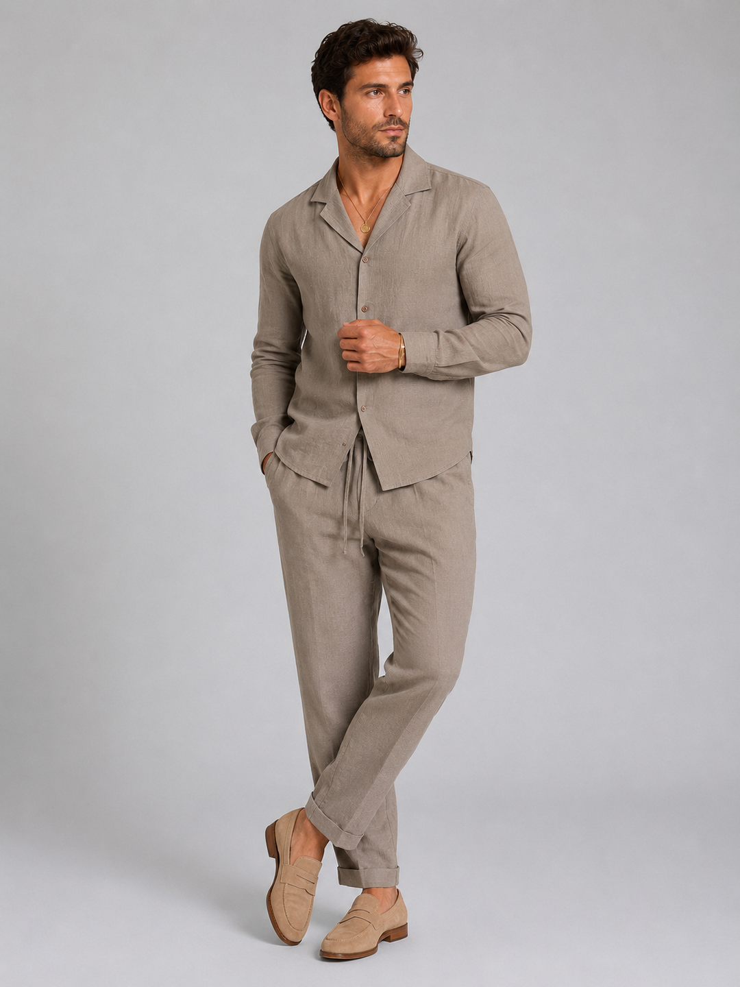 Heren linnen set - Overhemd en broek relaxed tailored - Khaki