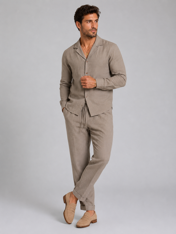 Heren linnen set - Overhemd en broek relaxed tailored - Khaki