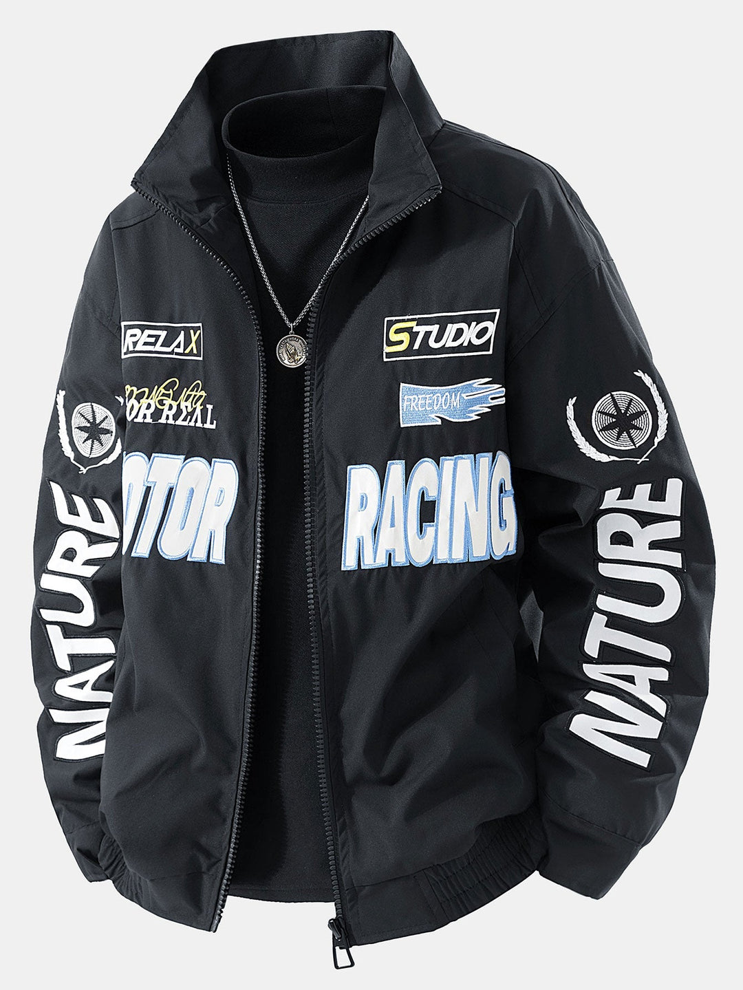 Heren Motorsport Bomber Jacket met Geborduurd Patches in zwart, Relaxed Fit