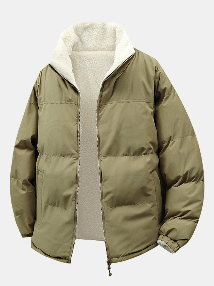 Heren Omkeerbare Teddy Fleece Pufferjack in olijfgroen, Comfortabele Winterjas