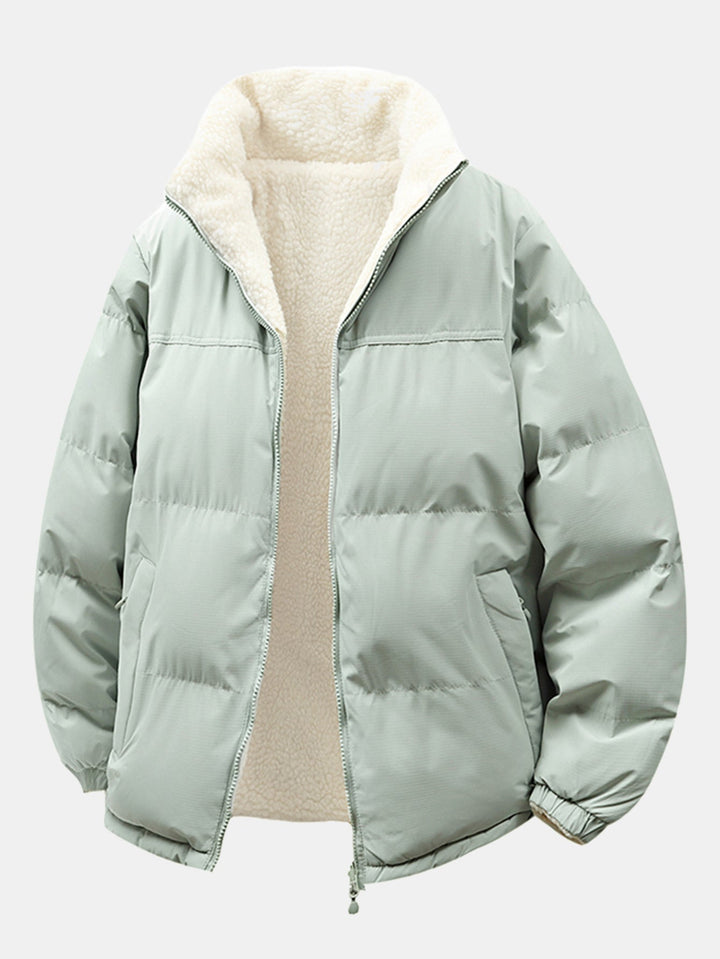 Heren Omkeerbare Teddy Fleece Pufferjack in saliegroen, Comfortabele Winterjas