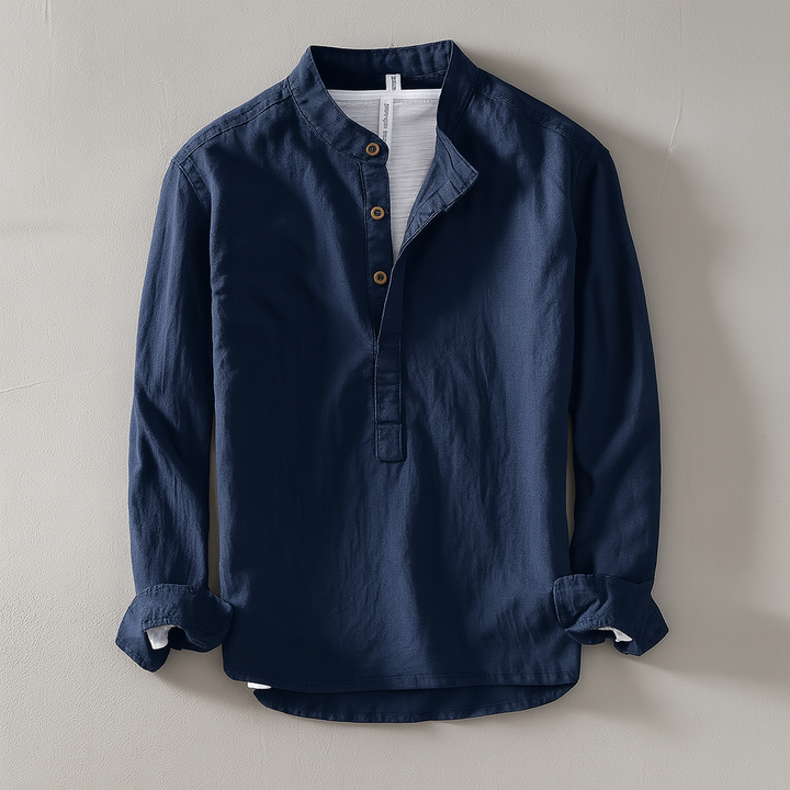 Heren Overhemd met Kraag en Knopen - Casual Linnen Look - Marineblauw