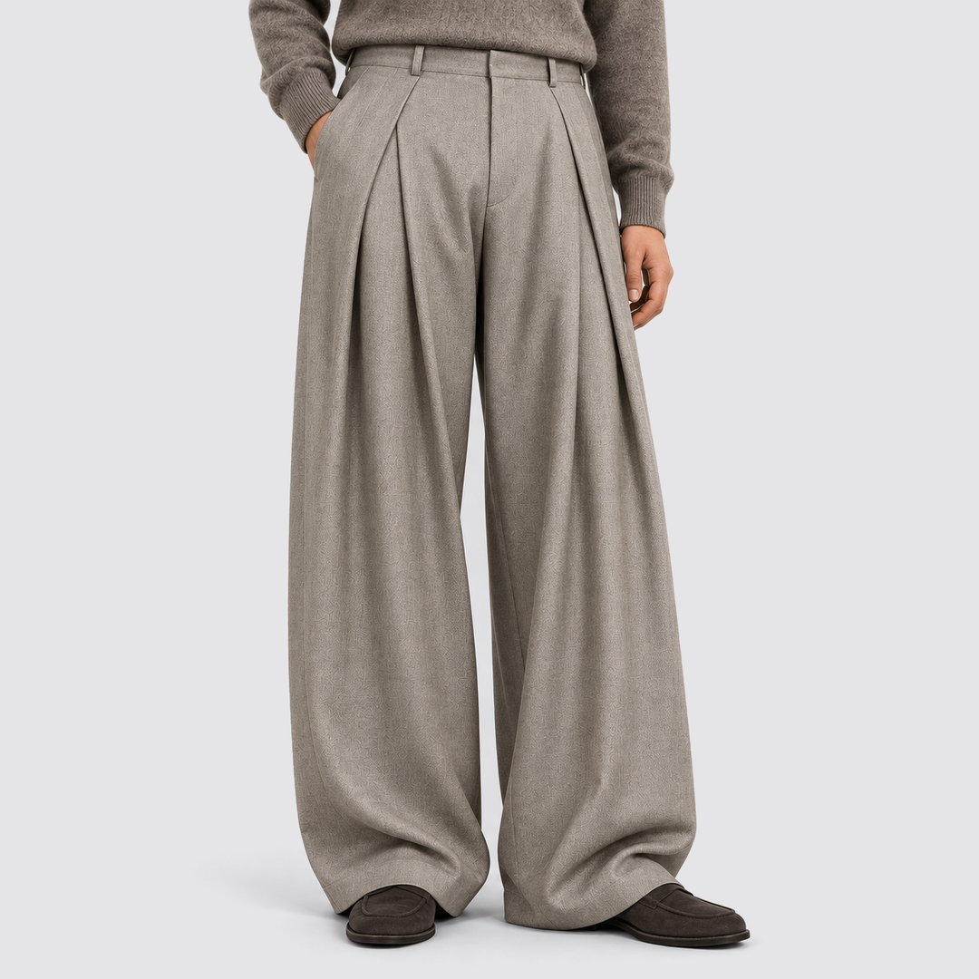 Heren Plissé Wijde Broek in grijs, Klassieke Tailored Fit