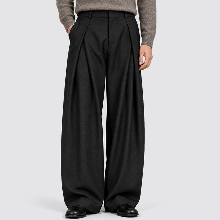 Heren Plissé Wijde Broek in zwart, Klassieke Tailored Fit