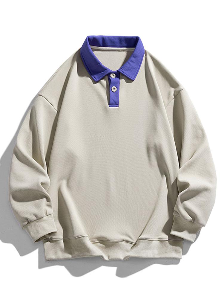 Heren Polokraag Sweatshirt met Knopen in beige, Relaxed Fit