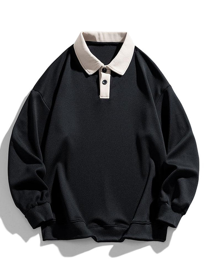 Heren Polokraag Sweatshirt met Knopen in zwart, Relaxed Fit