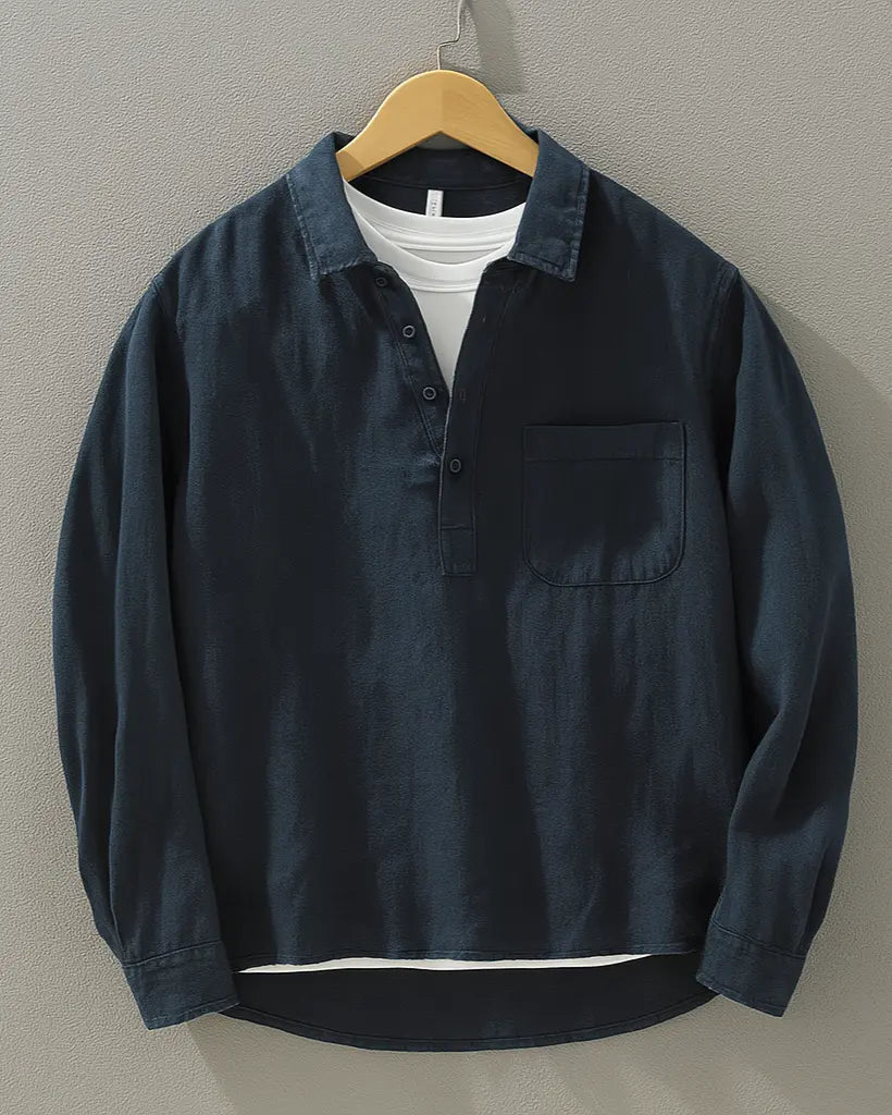 Heren Popover Shirt Katoen Linnen Mix - Relaxed Fit - Marineblauw