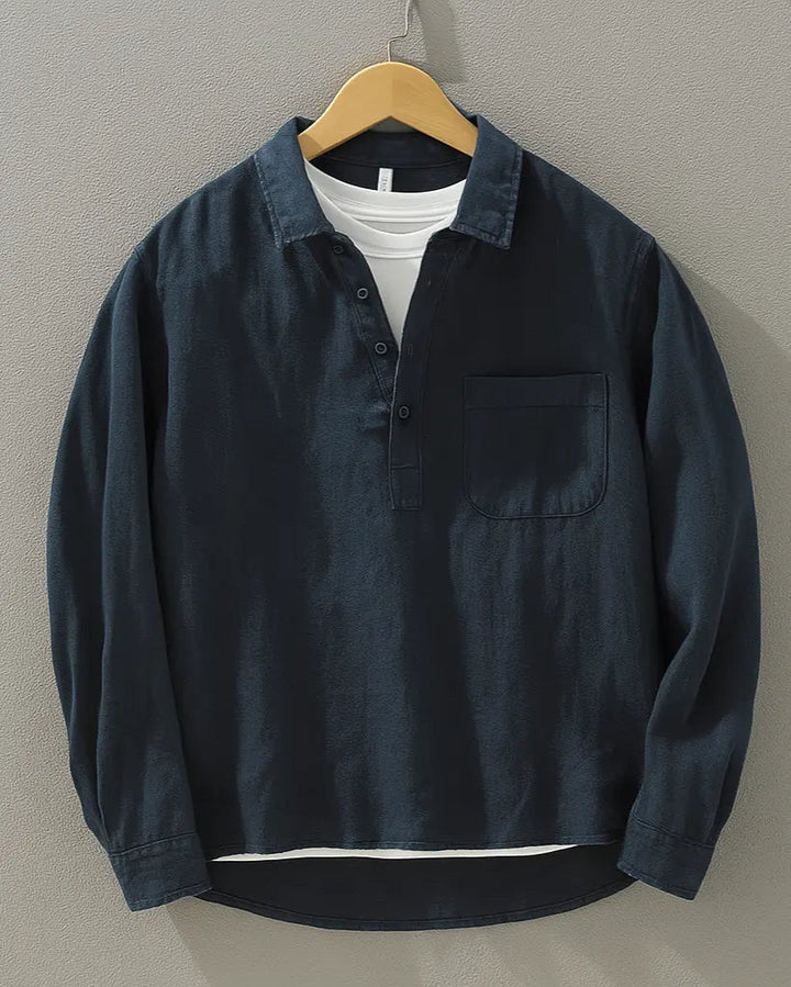 Heren Popover Shirt Katoen Linnen Mix - Relaxed Fit - Marineblauw