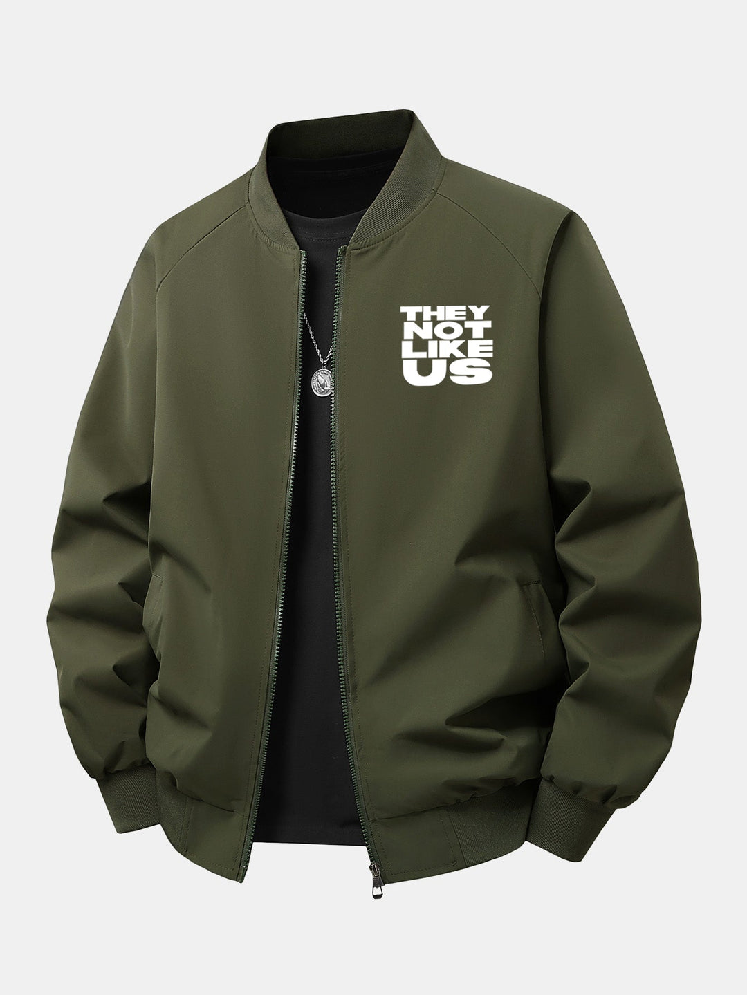 Heren Printed Zip-Up Bomber Jacket in donkergroen, Relaxed Fit Streetwear