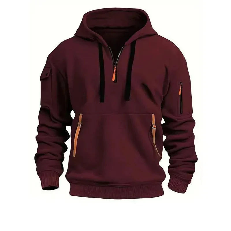 Heren Pullover Hoodie met Mouwzak in donkerrood, Functioneel Design