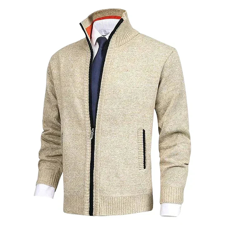 Heren Ritssluiting Staande Kraag Cardigan in beige, Klassieke Stijl