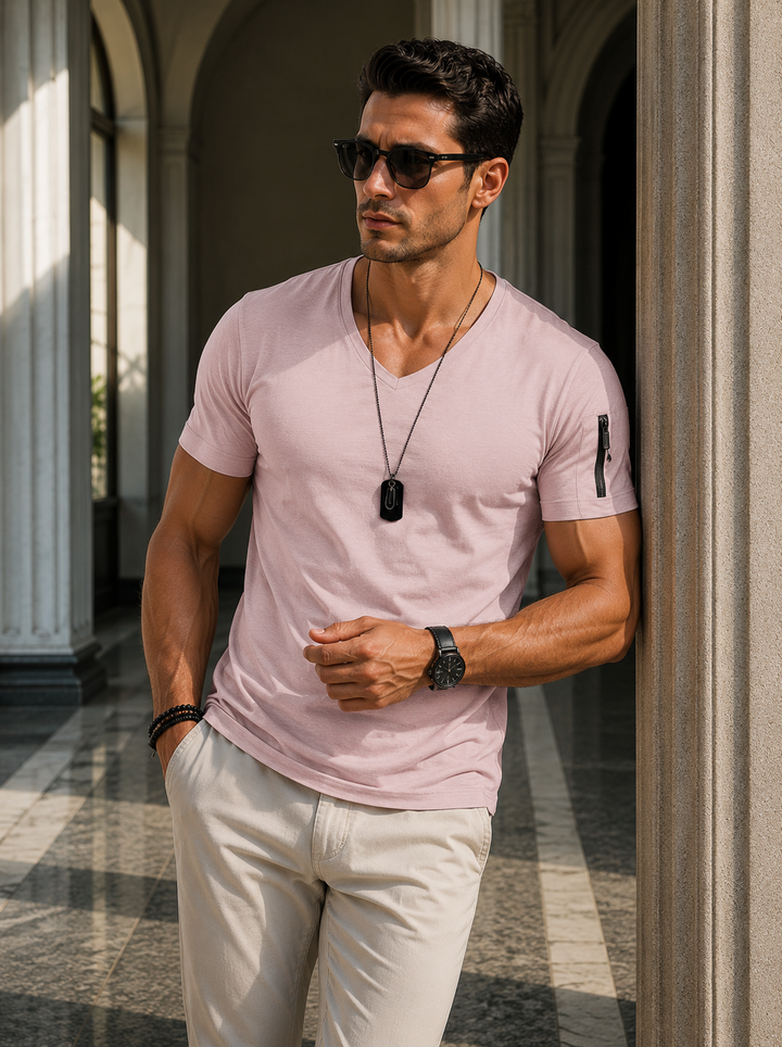 Heren Slim Fit T-shirt met Ritszak - Zomerstijl - Roze