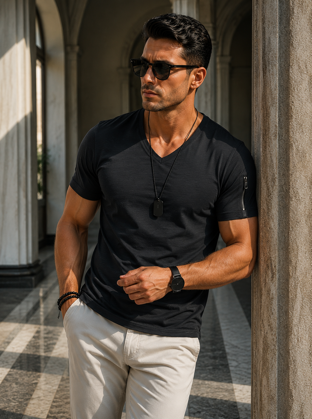 Heren Slim Fit T-shirt met Ritszak - Zomerstijl - Zwart