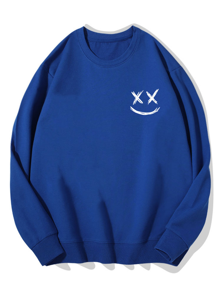 Heren Smiley Print Sweatshirt in blauw, Relaxed Fit Crew Neck