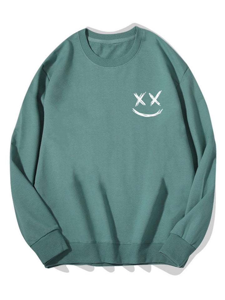 Heren Smiley Print Sweatshirt in blauwgroen, Relaxed Fit Crew Neck