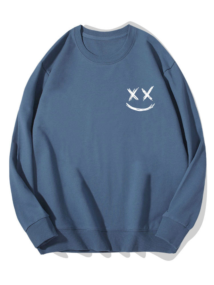 Heren Smiley Print Sweatshirt in marineblauw, Relaxed Fit Crew Neck