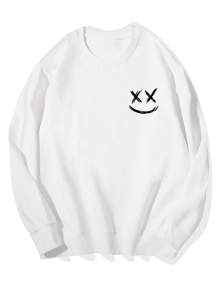 Heren Smiley Print Sweatshirt in wit, Relaxed Fit Crew Neck