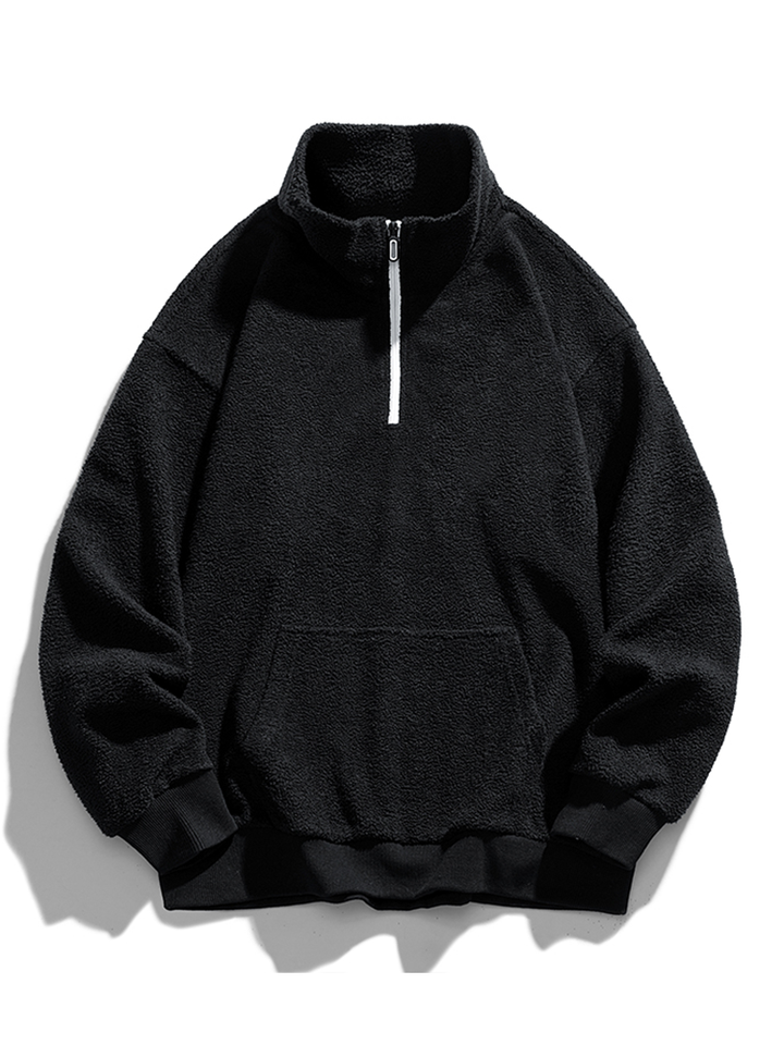 Heren Teddy Fleece Half-Zip Sweatshirt in zwart, Relaxed Fit