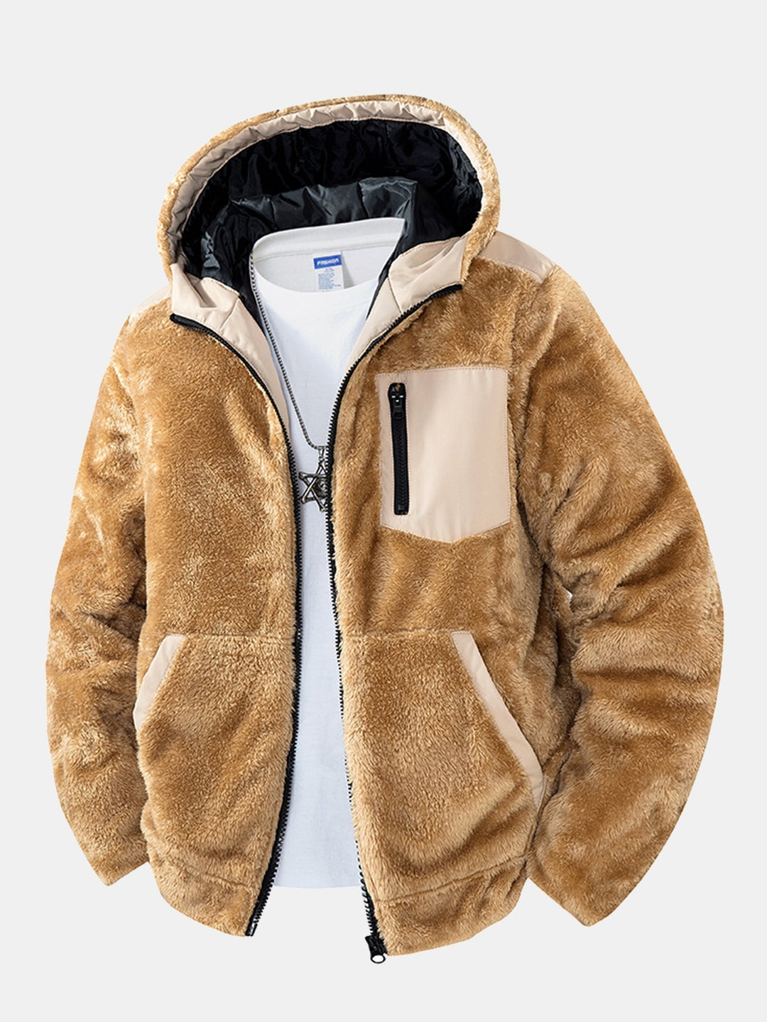 Heren Teddy Fleece Hoodie Jas in lichtbruin, Comfortabele Winterjas