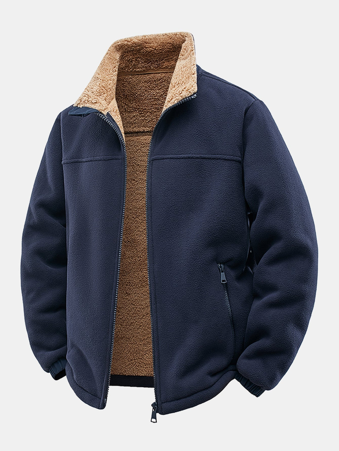Heren Teddy Fleece Jas met Staande Kraag in marineblauw, Relaxed Fit