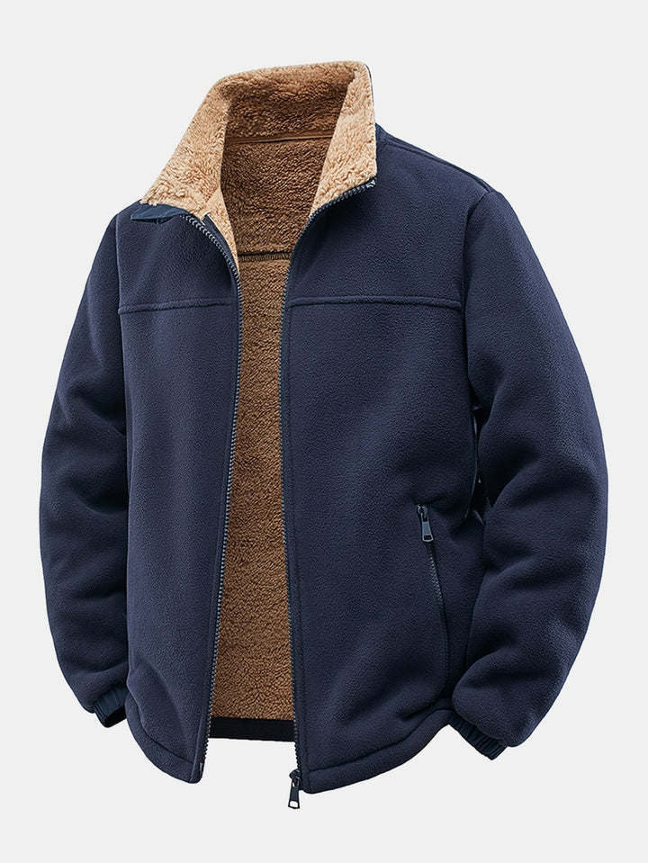Heren Teddy Fleece Jas met Staande Kraag in marineblauw, Relaxed Fit