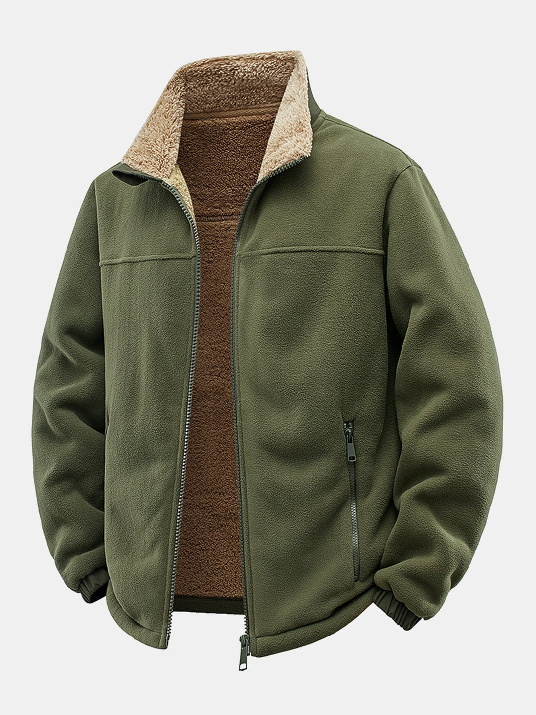 Heren Teddy Fleece Jas met Staande Kraag in olijfgroen, Relaxed Fit