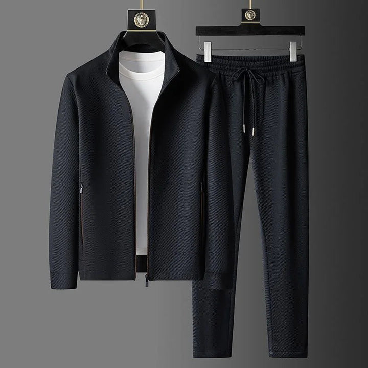Heren Textuur Trainingspak - Ritssluiting Kraag Joggingbroek Set - Zwart