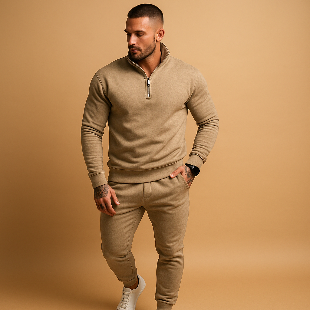 Heren Trainingspak met Halve Rits - Comfortabel Joggingset - Khaki