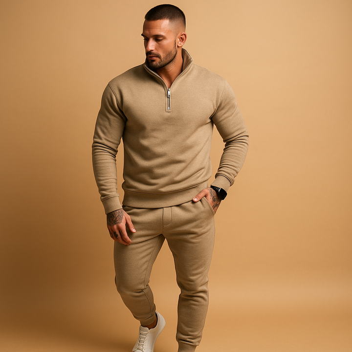 Heren Trainingspak met Halve Rits - Comfortabel Joggingset - Khaki