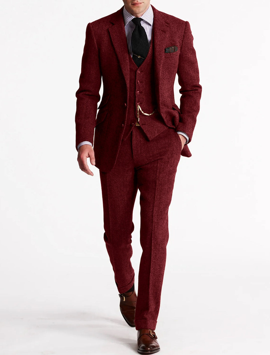 Heren Tweed Herringbone 3-delig pak - Slim fit bruiloft - Bourgondisch