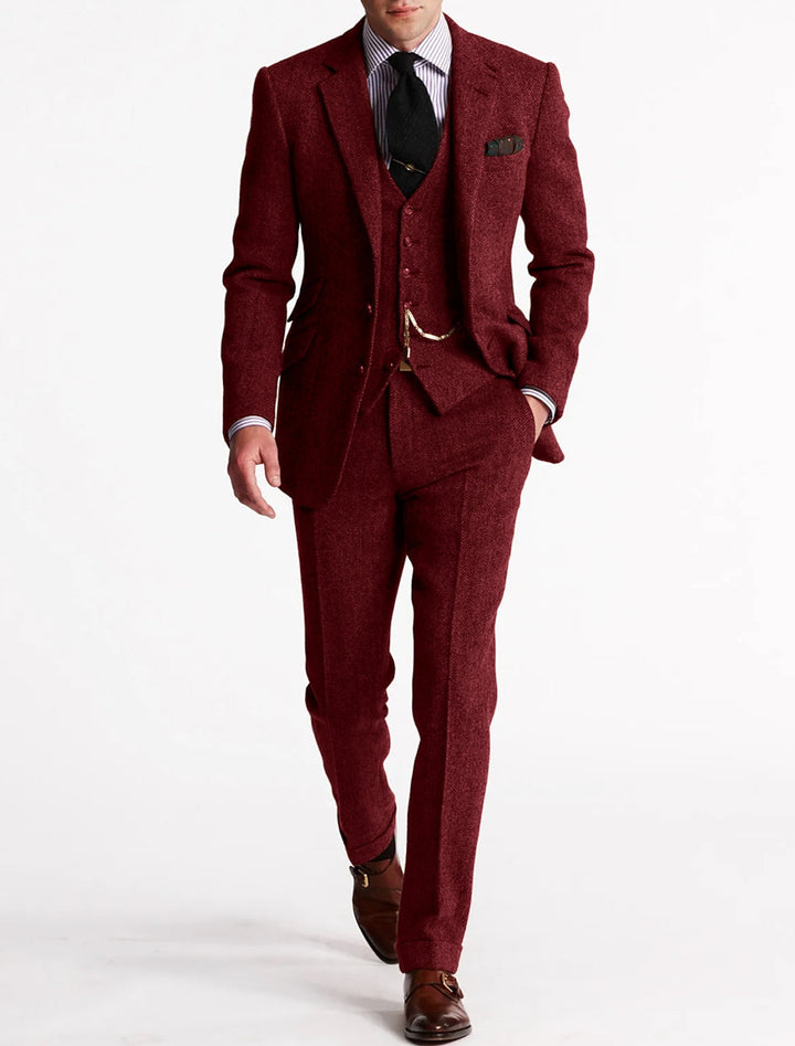 Heren Tweed Herringbone 3-delig pak - Slim fit bruiloft - Bourgondisch