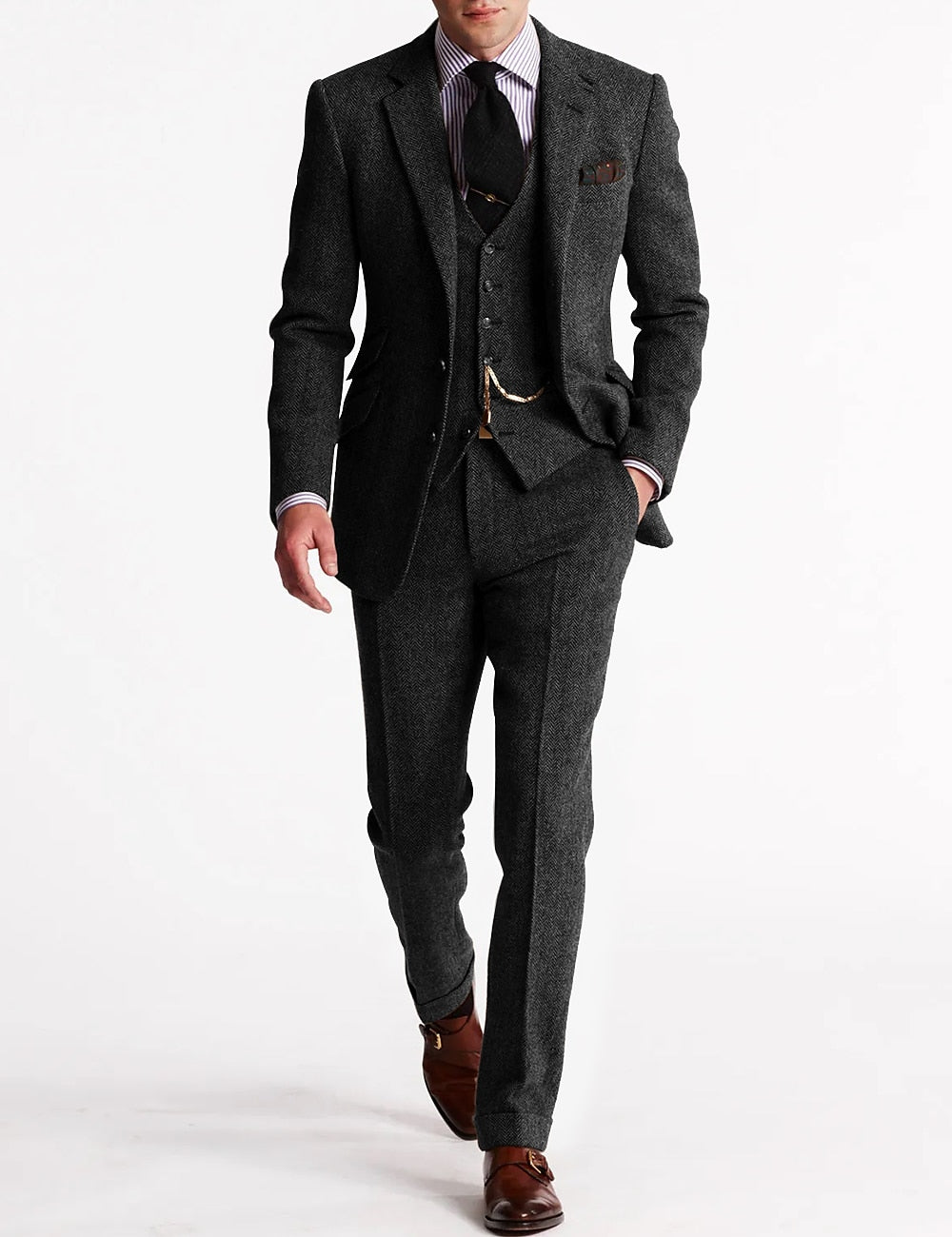 Heren Tweed Herringbone 3-delig pak - Slim fit bruiloft - Grijs
