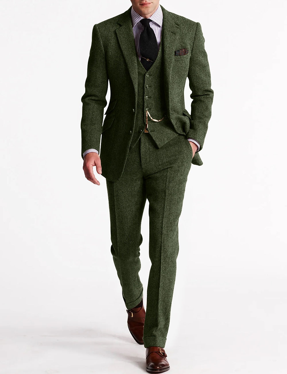 Heren Tweed Herringbone 3-delig pak - Slim fit bruiloft - Groen
