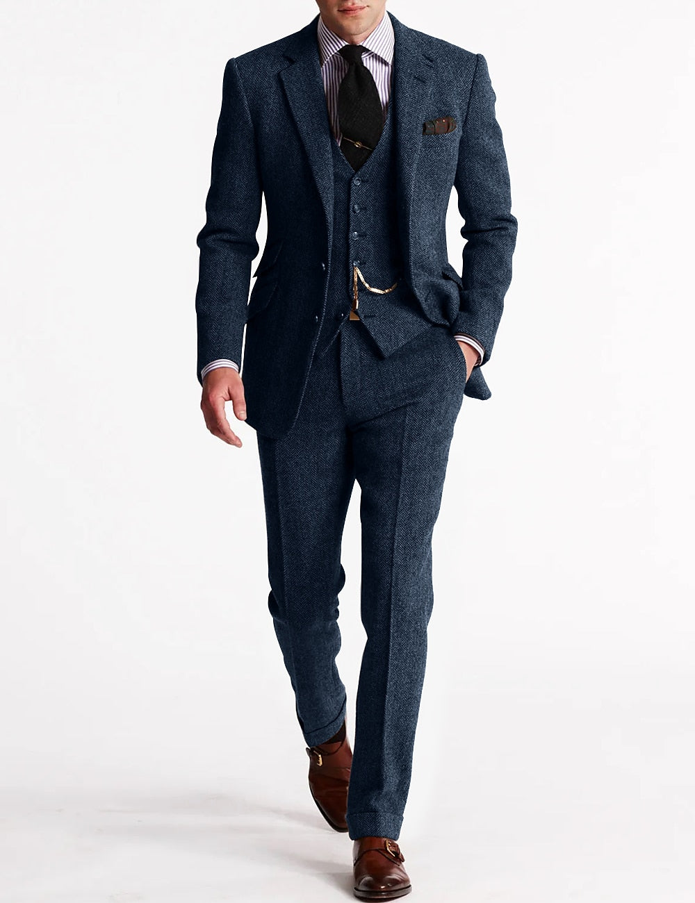 Heren Tweed Herringbone 3-delig pak - Slim fit bruiloft - Marineblauw