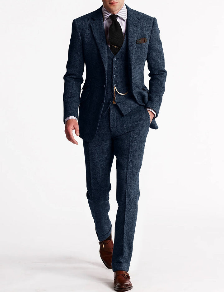 Heren Tweed Herringbone 3-delig pak - Slim fit bruiloft - Marineblauw