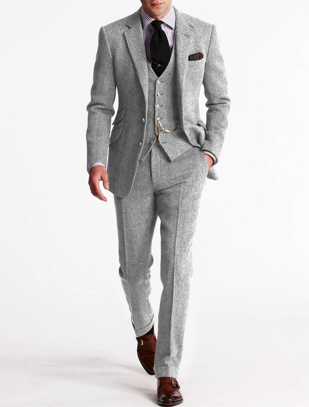 Heren Tweed Herringbone 3-delig pak - Slim fit bruiloft - Zilver