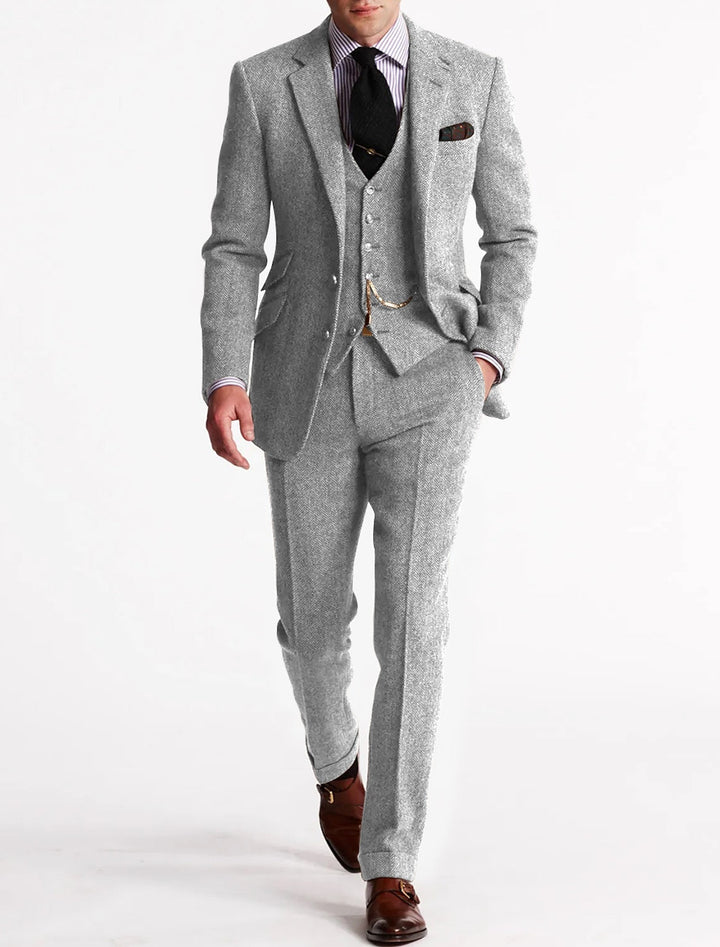 Heren Tweed Herringbone 3-delig pak - Slim fit bruiloft - Zilver