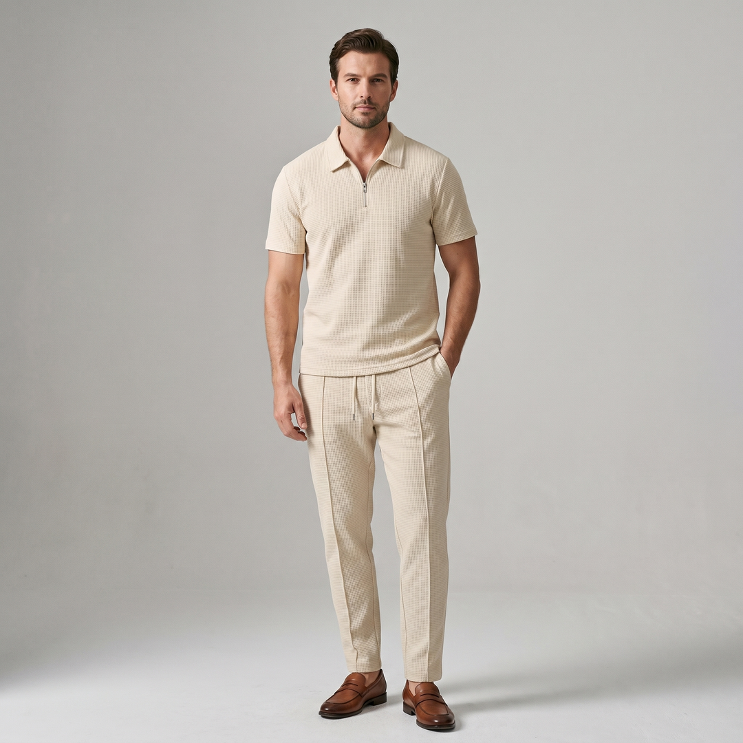 Heren tweedelig setje - Ritspolo en broek - Beige