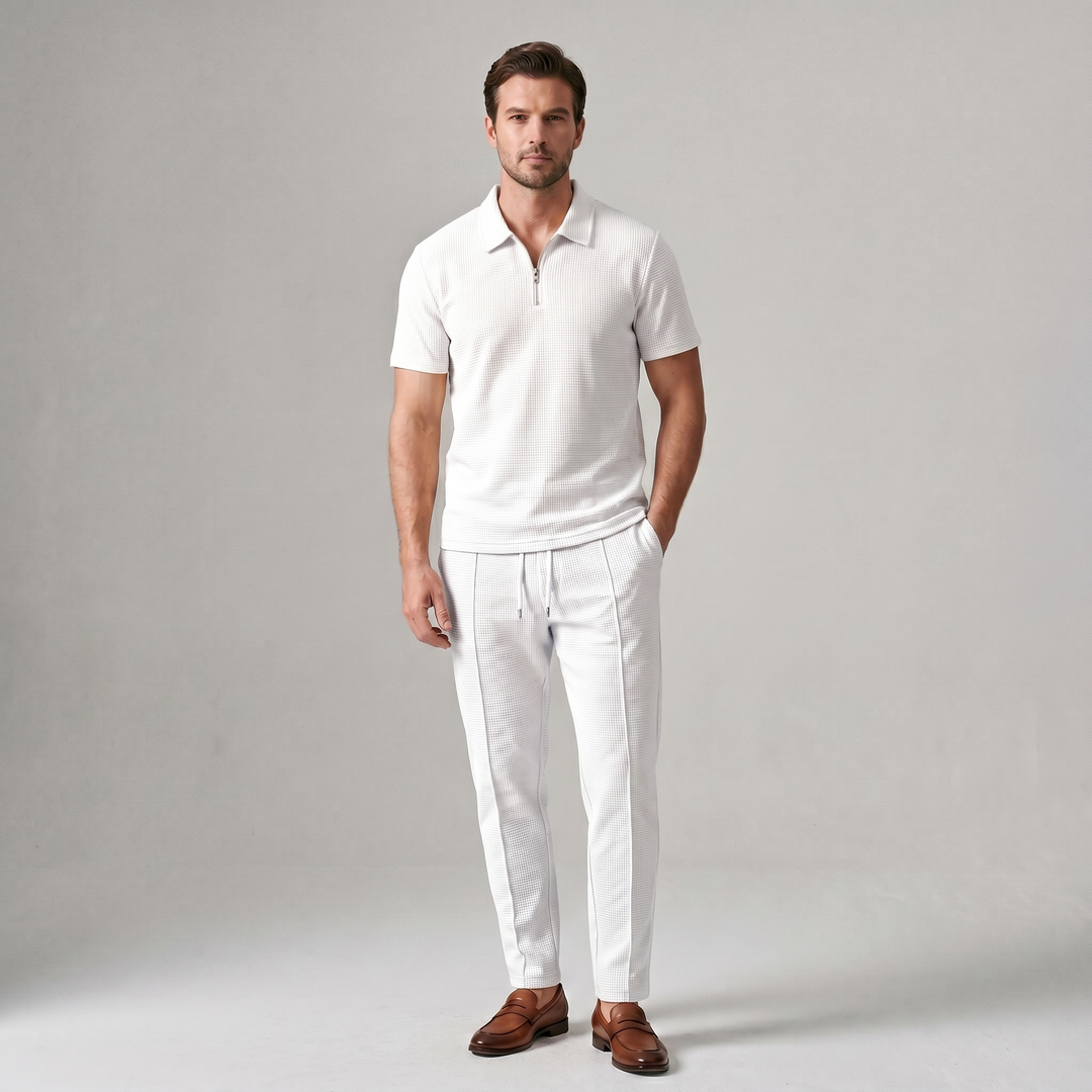 Heren tweedelig setje - Ritspolo en broek - Wit