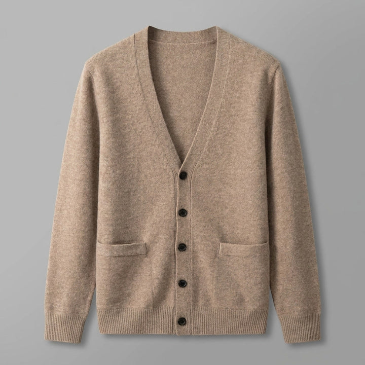 Heren V-hals Gebreide Vest in beige, Fijne Structuur met Knopen